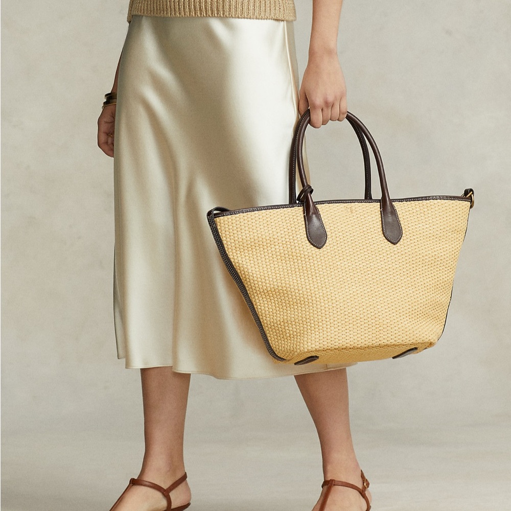 NWT Polo by Ralph Lauren Leather-Trim Straw Medium Bellport Tote - Picture 7 of 14